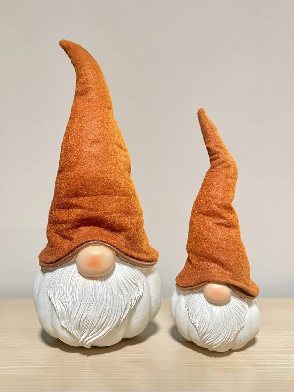 Ceramic and fabric fall counter sitting gnomes set with bendable hat